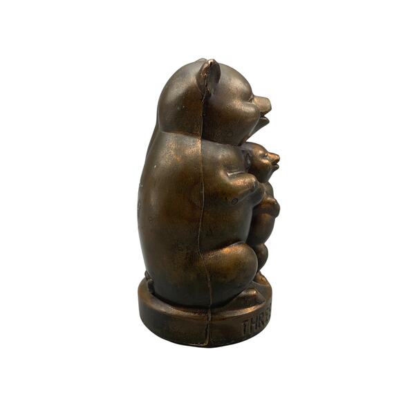 Three Little Pigs Cast Metal Piggy Bank Coin Worn Copper Tone Finish Key USA - Picture 4 of 7